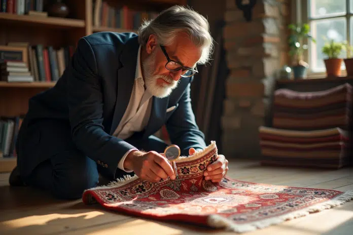 expert-appraiseur-tapis-oriental Appraiseur d'antiquités examinant un tapis oriental avec loupe