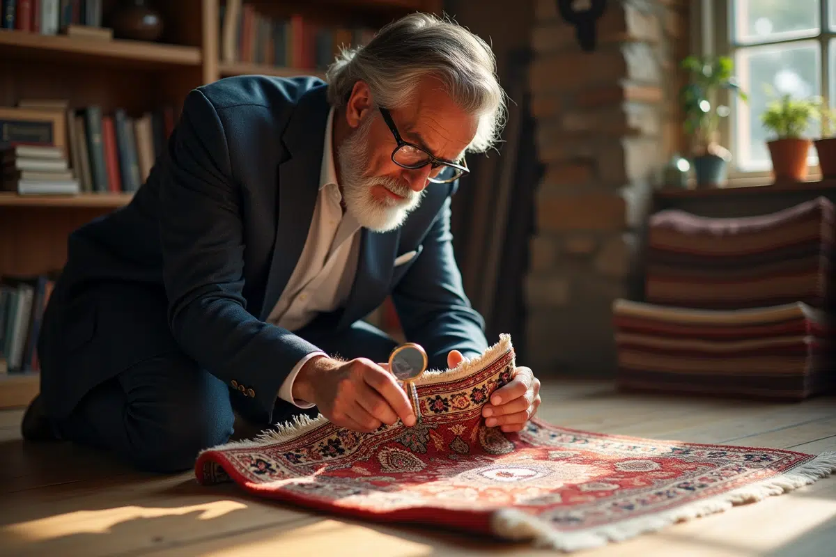 Appraiseur d'antiquités examinant un tapis oriental avec loupe