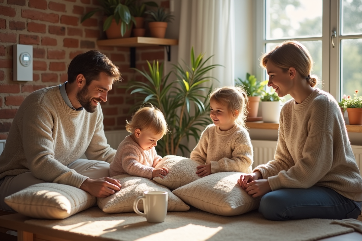 Famille jouant avec des coussins dans une salle à manger lumineuse