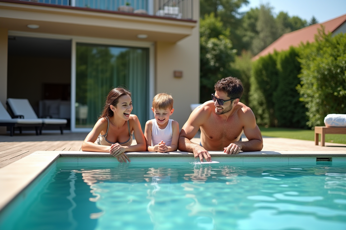 Famille heureuse jouant près de leur piscine dans le jardin