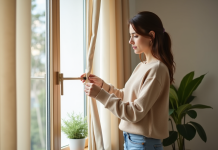 Accrocher des rideaux sans percer : solutions et astuces simples pour la déco Femme en homewear fixant des rideaux beige dans un salon cosy