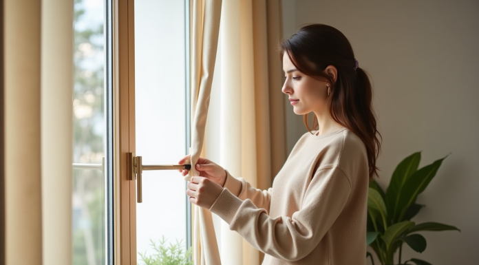 Femme en homewear fixant des rideaux beige dans un salon cosy