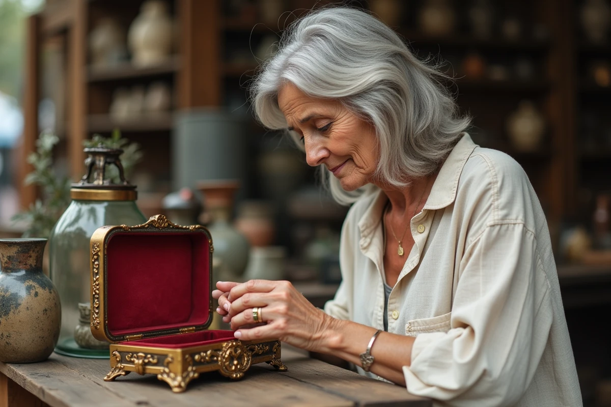 Femme inspectant une boîte à bijoux vintage en laque dorée sur un marché aux puces