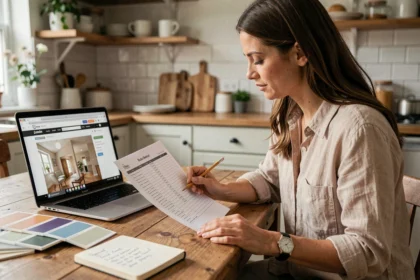 Femme consultant un outil de budget en ligne pour planifier son premier chantier de rénovation à la maison