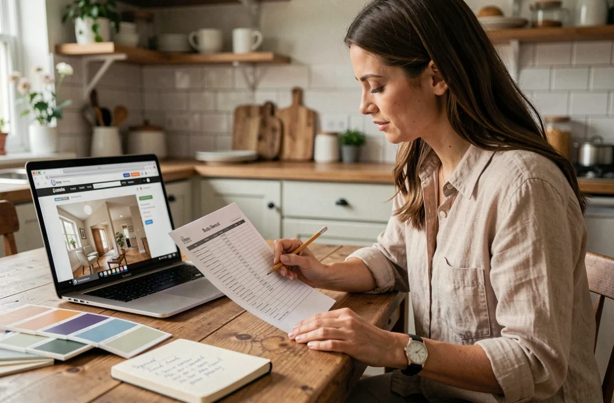 Femme consultant un outil de budget en ligne pour planifier son premier chantier de rénovation à la maison