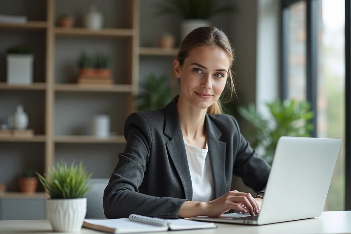 Femme travaillant sur un ordinateur portable dans un bureau à domicile, éclairage optimal en lumens pour le travail de bureau