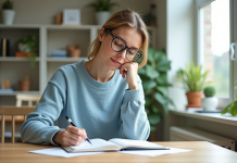 Meilleure orientation pour aménager un bureau à domicile : astuces et conseils Femme en sweater bleu dans un bureau lumineux