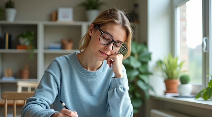 Femme en sweater bleu dans un bureau lumineux