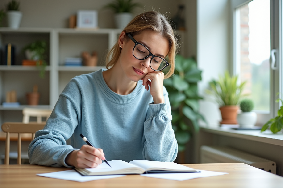 Femme en sweater bleu dans un bureau lumineux