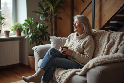 Femme d'âge moyen dans un pull en laine souriant dans un salon cosy