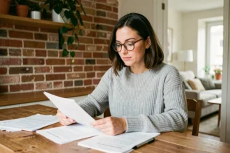 Femme consultant un contrat d'assurance habitation Acheel à la table de sa cuisine
