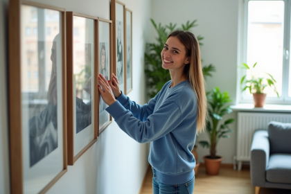 Femme arrangeant des cadres sur un mur dans un salon cosy