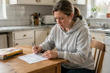 Femme consultant un devis de travaux à domicile pour évaluer son budget rénovation avec Servitech maison