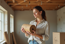 Inconvénient de la fibre de chanvre : choix conscient pour votre santé et la planète Femme examinant une isolation en chanvre dans une maison en rénovation