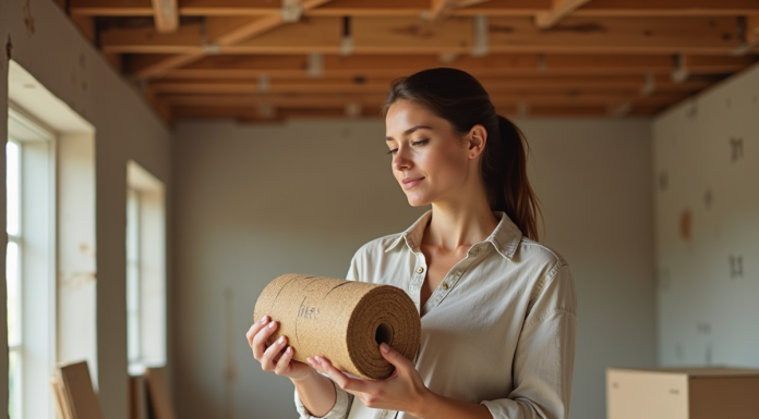 Femme examinant une isolation en chanvre dans une maison en rénovation