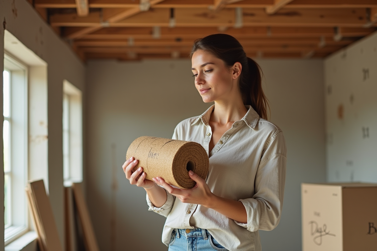 Femme examinant une isolation en chanvre dans une maison en rénovation