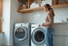 Différence entre sèche-linge à condensation et sèche-linge à pompe à chaleur : lequel privilégier ? Femme examinant une pompe à chaleur dans une buanderie moderne
