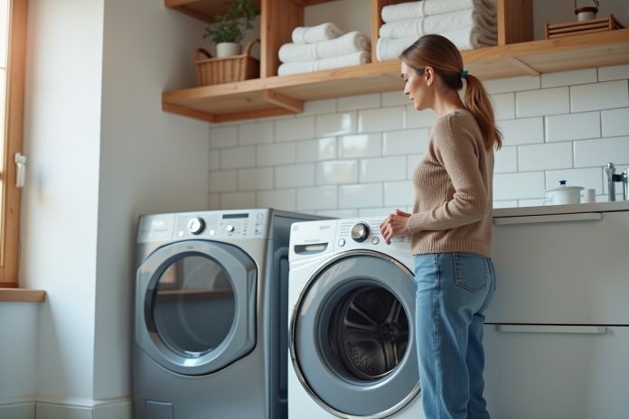 femme-examinant-pompe-a-chaleur Femme examinant une pompe à chaleur dans une buanderie moderne