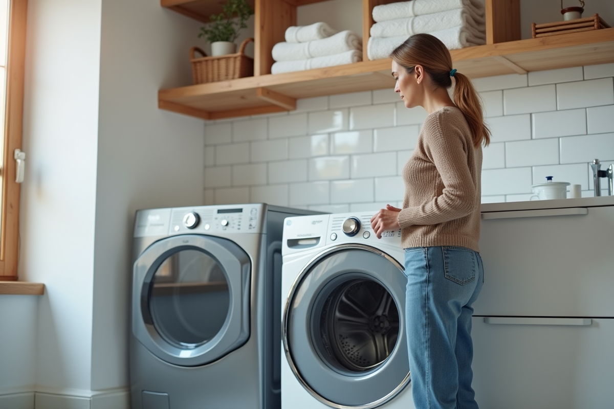 Femme examinant une pompe à chaleur dans une buanderie moderne
