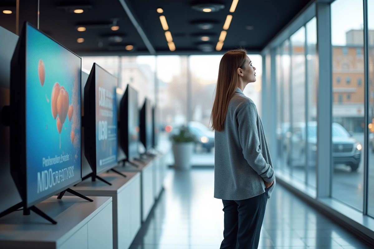 Jeune femme dans un magasin regarde téléviseurs