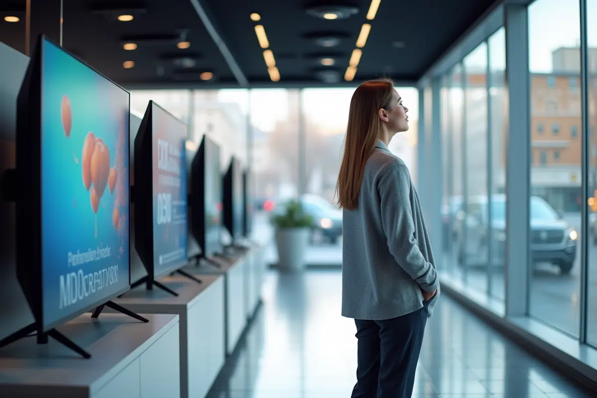 Jeune femme dans un magasin regarde téléviseurs