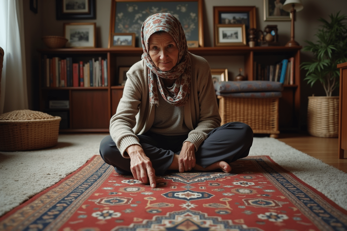 Femme âgée pointant un motif sur un tapis ancien