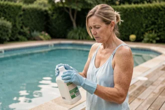 Femme lisant l'étiquette d'une bouteille de javel au bord d'une piscine privée pour tester son utilisation comme désinfectant