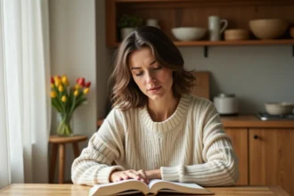 Femme lisant un livre à table dans une cuisine lumineuse, illustration de l'éclairage idéal en lumens pour la lecture