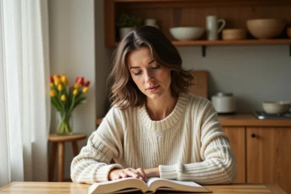 Femme lisant un livre à table dans une cuisine lumineuse, illustration de l'éclairage idéal en lumens pour la lecture