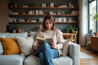 Femme lisant dans un salon moderne et spacieux