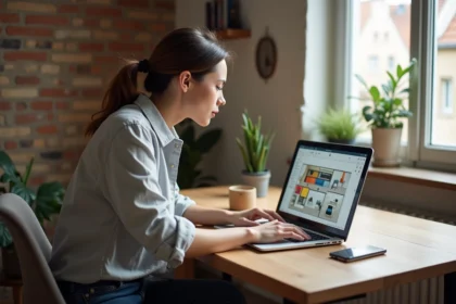 Femme utilisant un logiciel de plan 3D Kazaplan sur ordinateur portable dans un appartement parisien compact