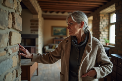 Femme inspectant un mur en pierre dans une maison ancienne