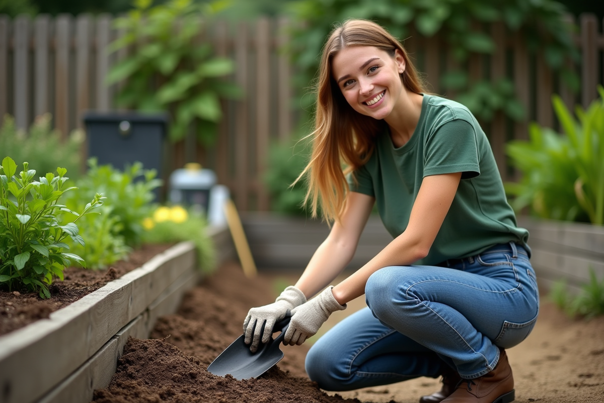 Jeune femme souriante nettoyant une pelle dans le jardin