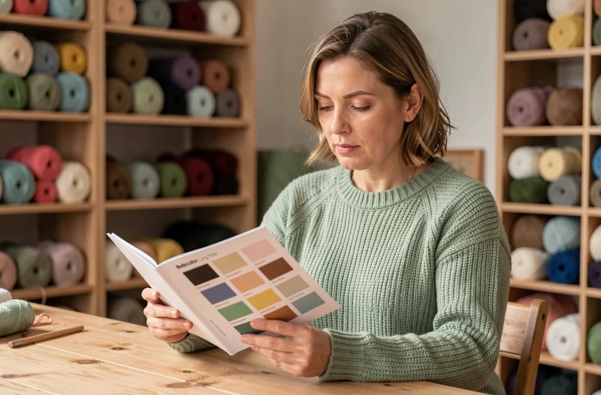 Femme consultant un nuancier Bebecolor Lang Yarns dans un atelier de tricot artisanal