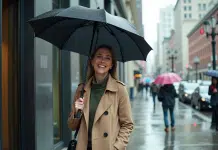 Parapluies inversés : bienfaits, fonctionnement et avis d’experts Femme élégante avec parapluie inversé dans la ville pluvieuse