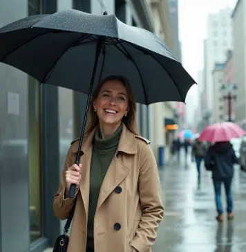 Femme élégante avec parapluie inversé dans la ville pluvieuse