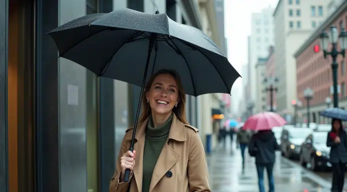 Femme élégante avec parapluie inversé dans la ville pluvieuse