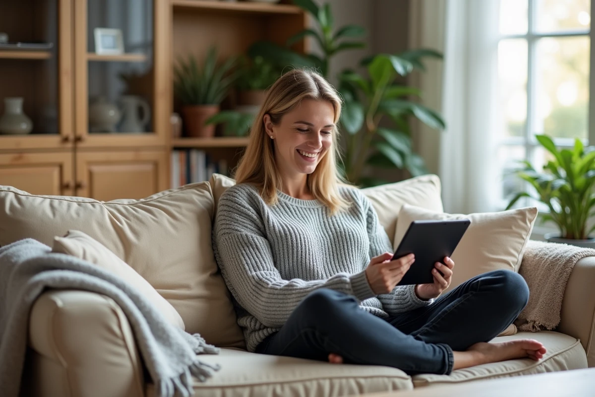 Femme détendue consultant un service de bricolage à domicile sur tablette dans son salon confortable