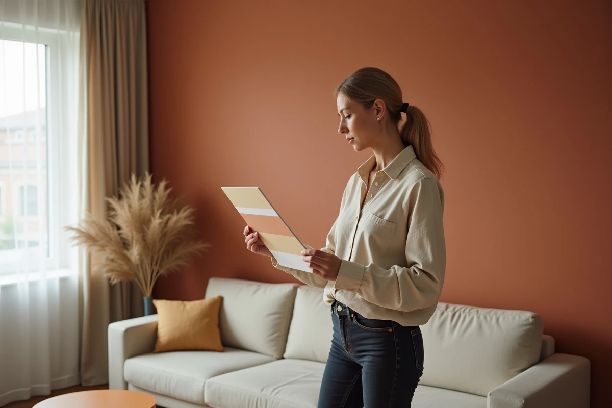 Femme comparant un échantillon de couleur avec un mur peint en terracotta dans un salon moderne scandinave