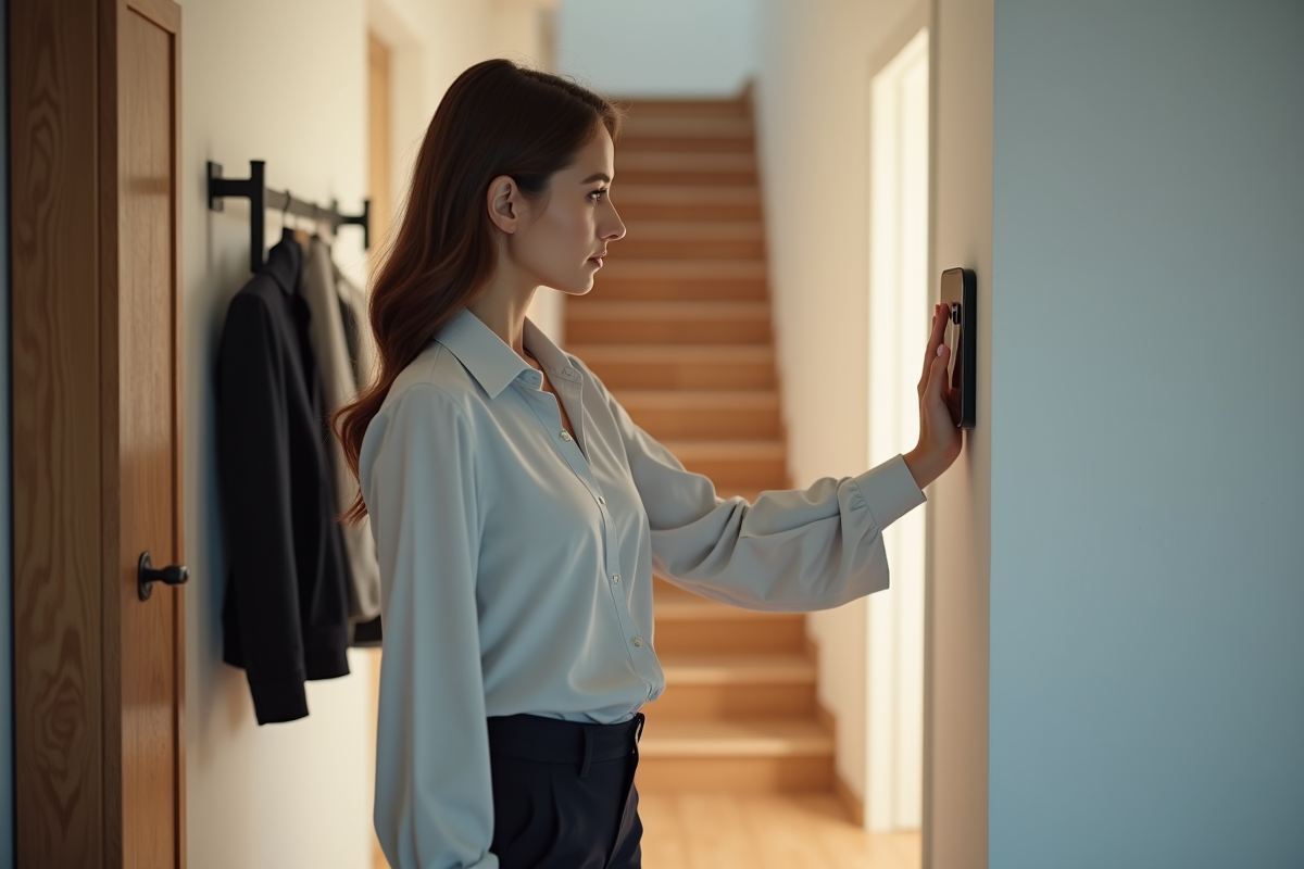 Jeune femme réglant un thermostat dans un intérieur contemporain