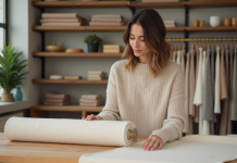 Différence beige toile et beige accessible : lequel choisir ? Femme dans une boutique de tissus en toile beige