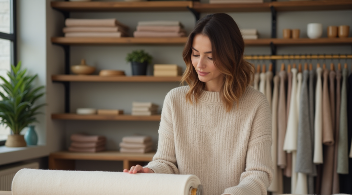 Femme dans une boutique de tissus en toile beige