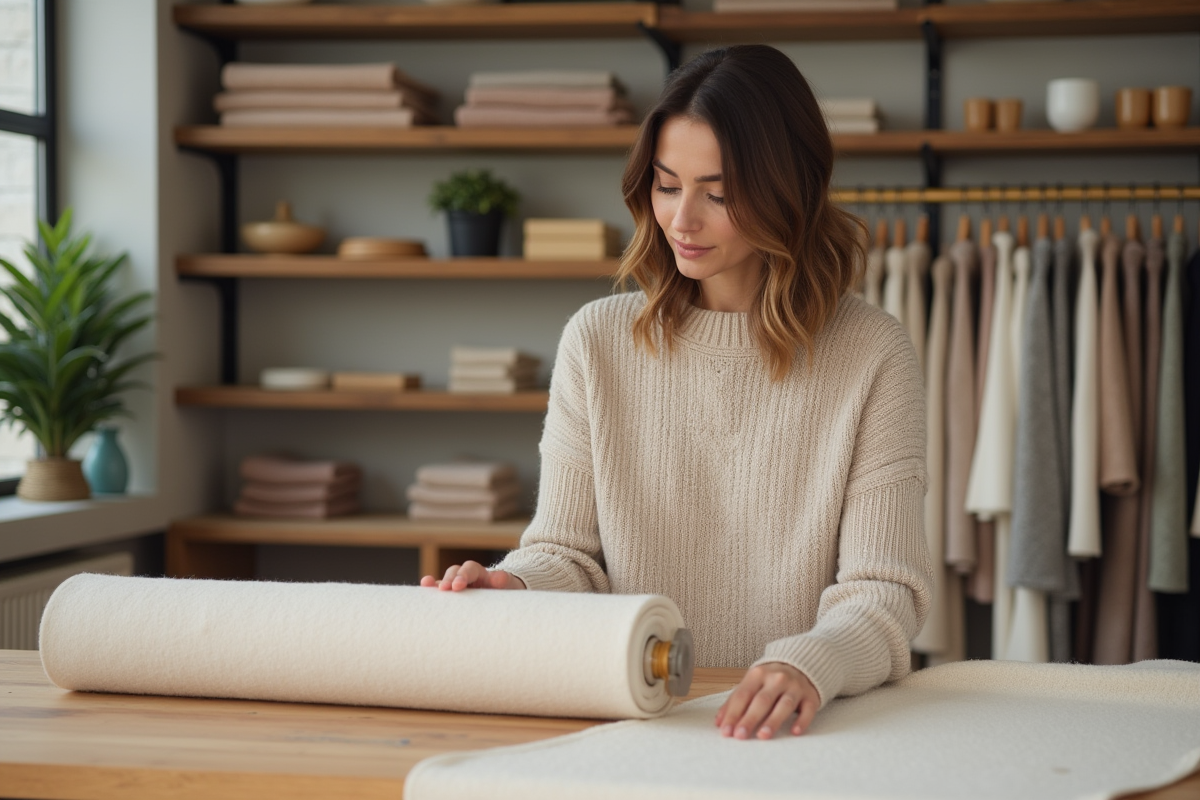 Femme dans une boutique de tissus en toile beige