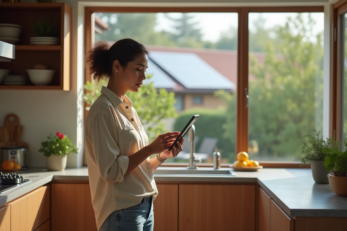 Femme consultant un site de transition énergétique sur tablette dans une cuisine moderne avec panneaux solaires visibles en arrière-plan