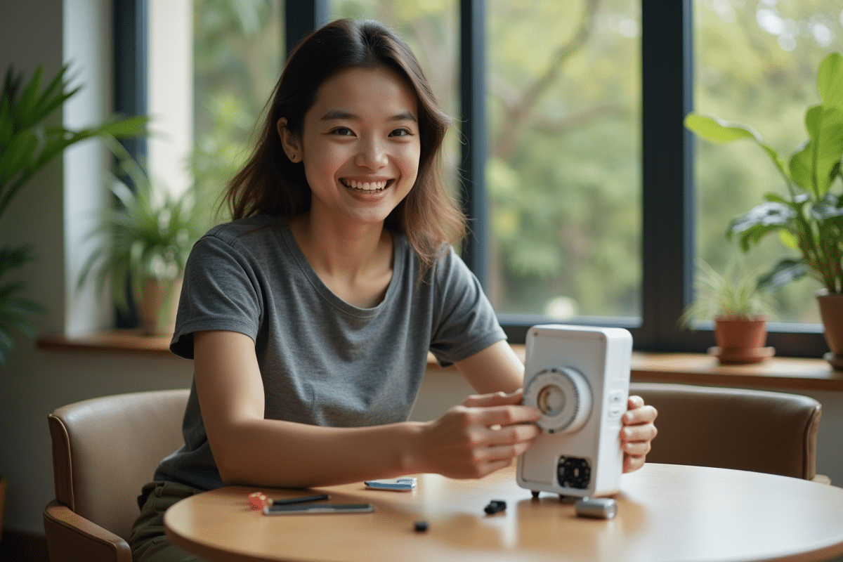 Jeune femme souriante réparant un minuteur de cuisine