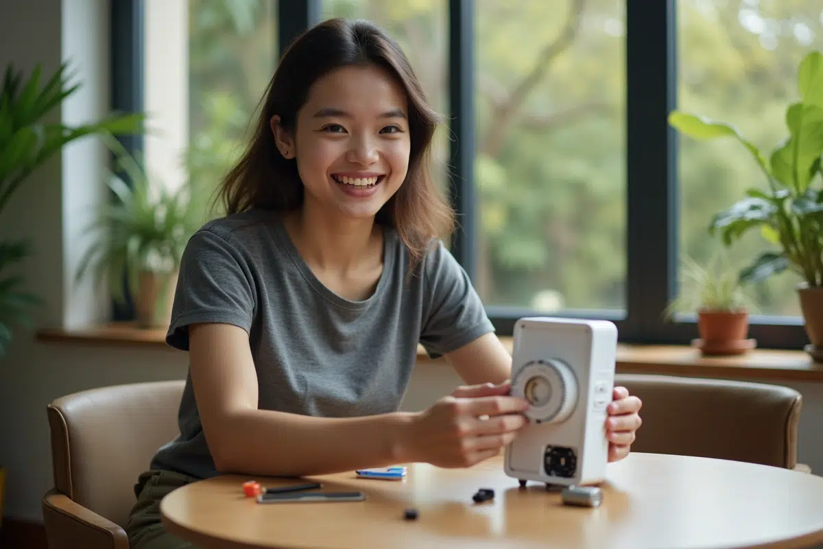 Jeune femme souriante réparant un minuteur de cuisine