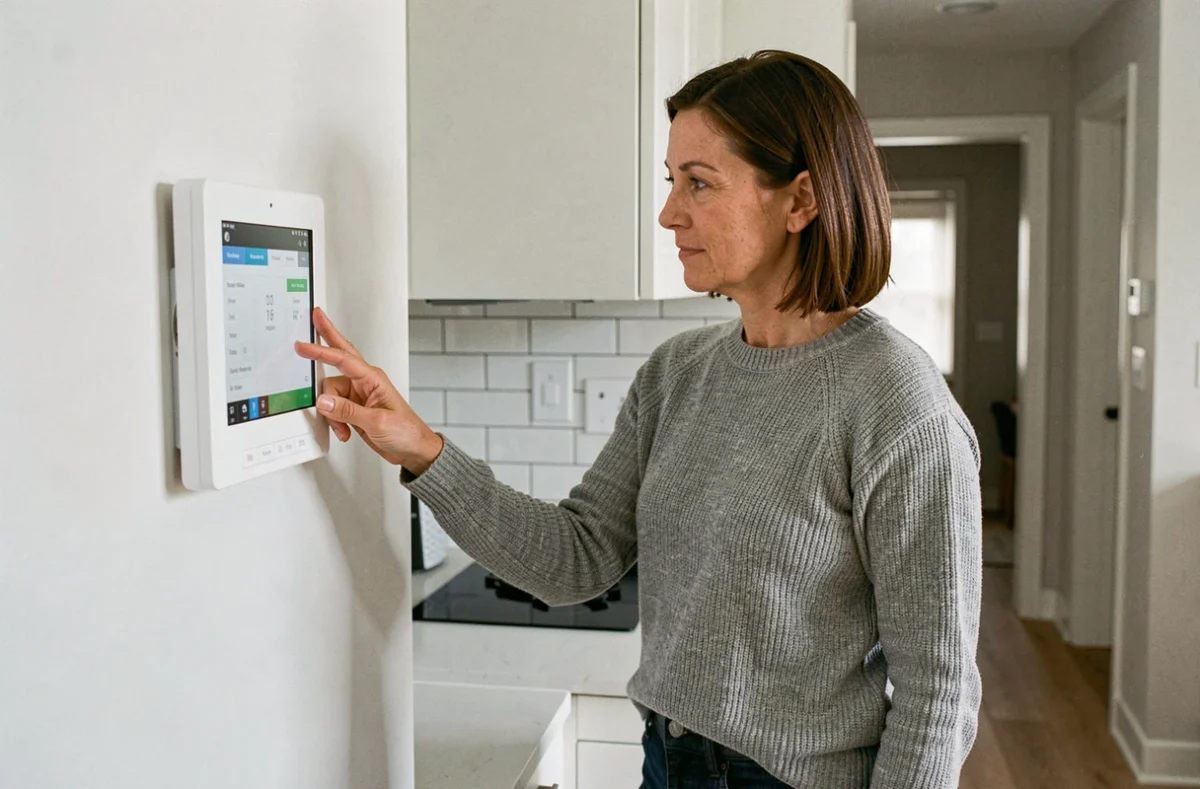Femme utilisant un panneau de contrôle d'alarme connecté dans une cuisine contemporaine