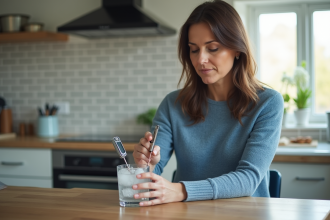 Femme vérifiant un thermomètre digital dans la cuisine
