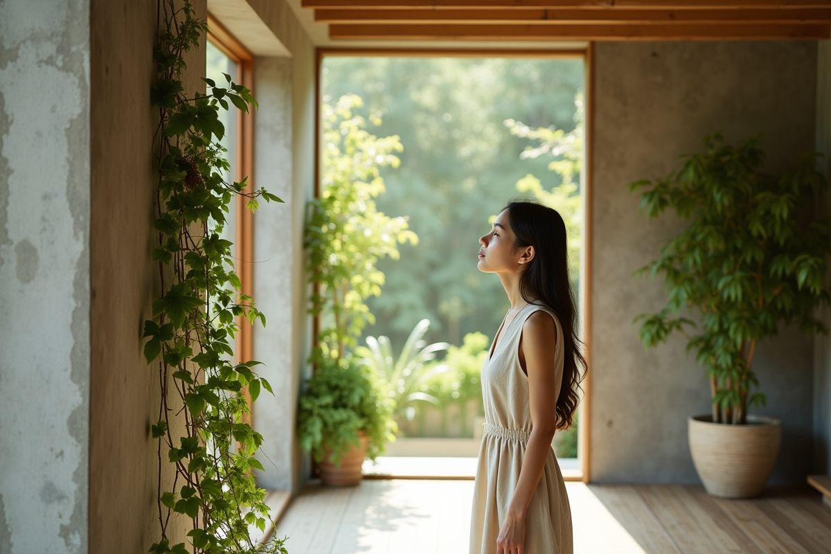Jeune femme examine des vignes dans une maison bioclimatique