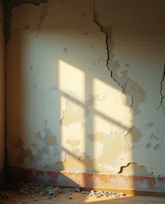 Détail d'un mur intérieur ancien avec fissures et peinture fanée